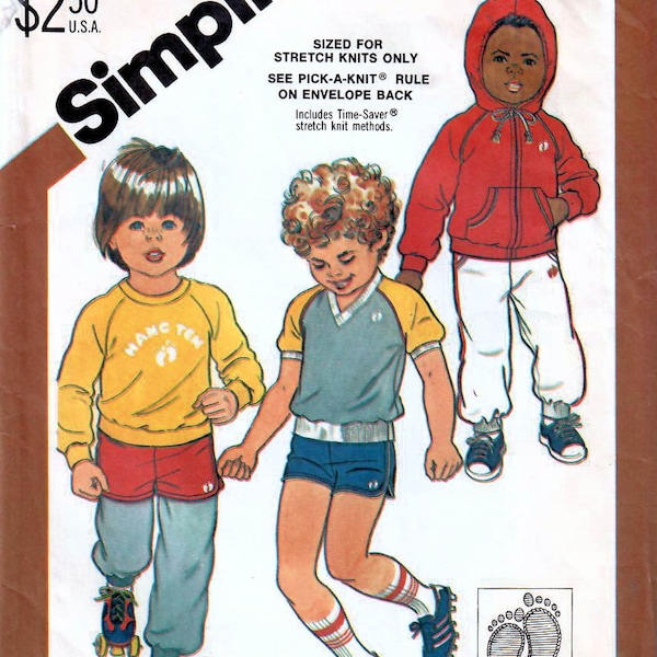 1980s Simplicity 5591 Vintage Sewing Pattern Boys Athletic Wear, Pull-on Pants, Shorts, Sweatshirt, Pullover Top, Hoodie Size Large (6-6x)