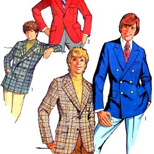 May include: Illustration of four blazers in various styles and colors. A red blazer, a blue double-breasted blazer, a plaid blazer, and a green plaid blazer are shown. The blazers are paired with different colored pants and shirts.