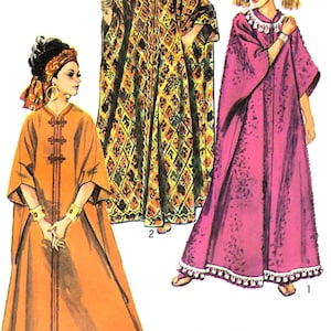 Puede incluir: Tres vestidos caftán hasta el suelo. Uno es naranja sólido con cierres de alamares, otro tiene un patrón de diamantes amarillo y negro, y otro es magenta sólido con un borde de pompones blancos en el dobladillo y el cuello. Texto: Proportioned to your Height.
