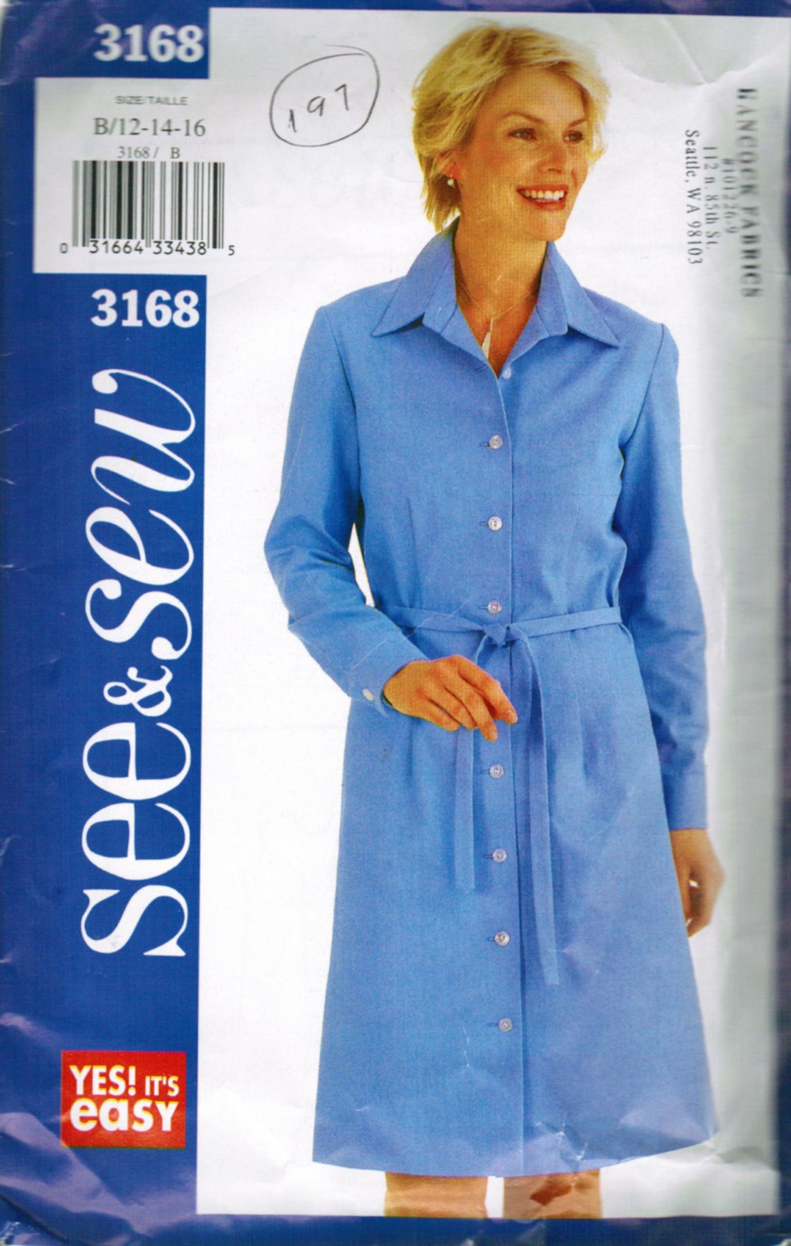 S3168 Pattern 2000s Butterick 3168 Sewing Pattern Button Front Dress, Shirtwaist ...