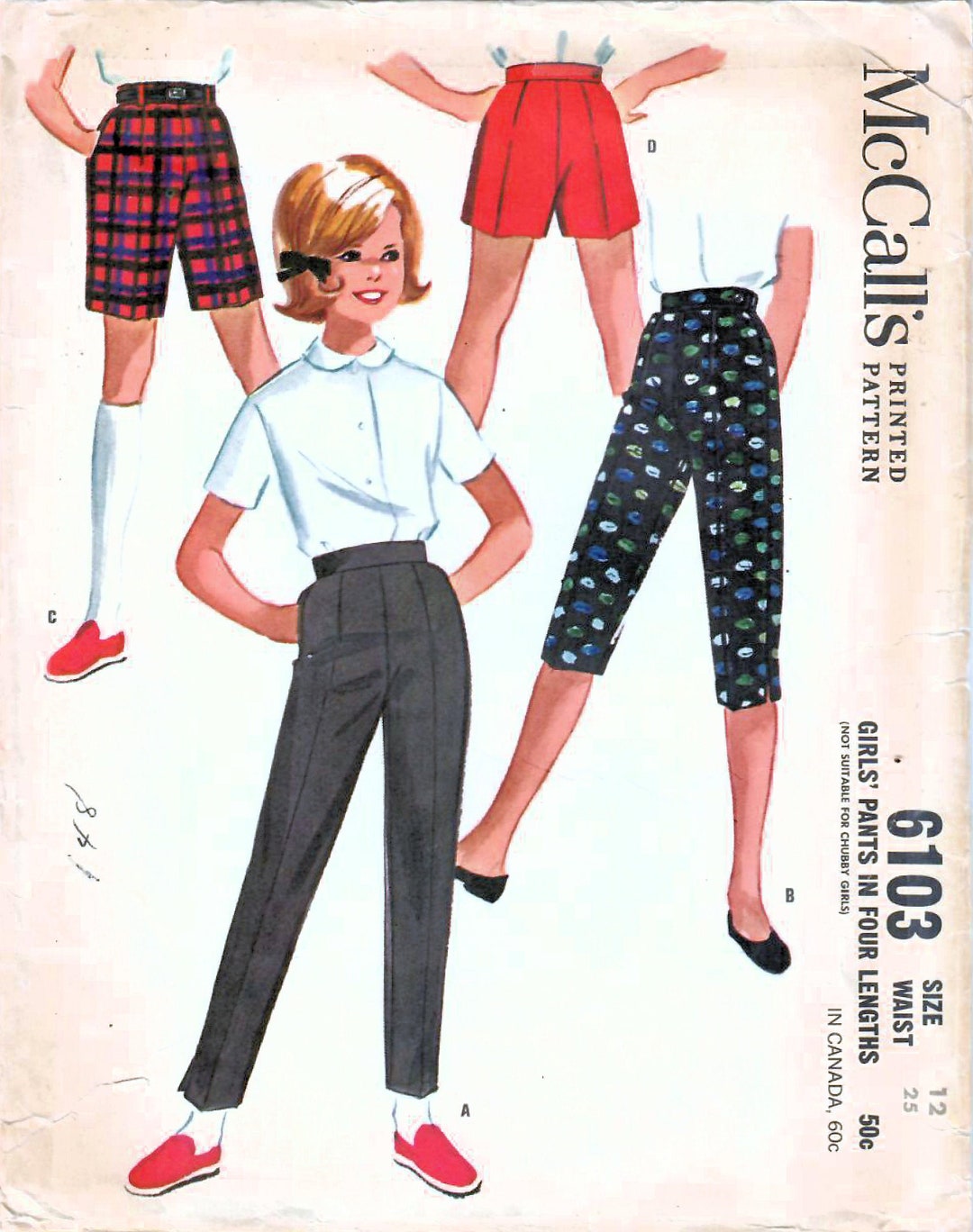 1960s Mccall's 6103 Vintage Sewing Pattern Girls Long Pants, Deck Pants,  Pedal Pushers, Bermuda Shorts, Short Shorts Size 12 