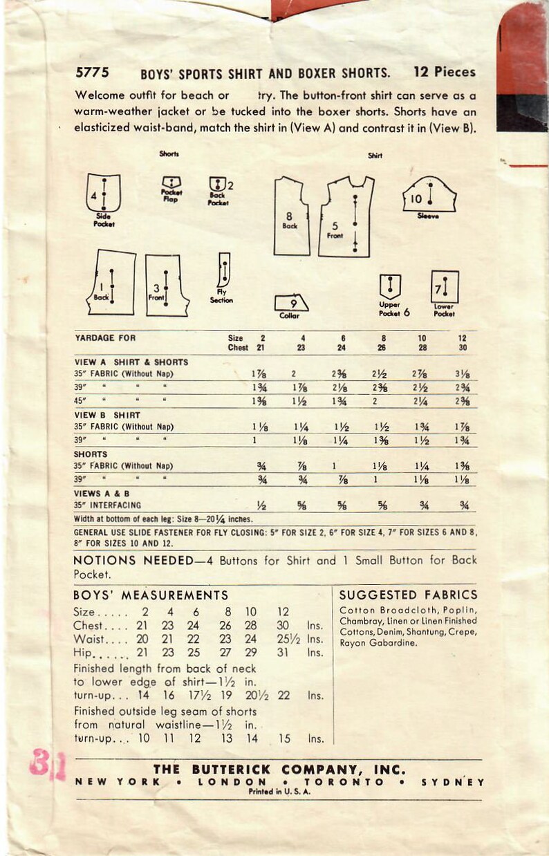 1950s Butterick 5775 UNCUT Vintage Sewing Pattern Boys Sports Shirt, Shorts, Boxer Shorts Size 2, Size 4, Size 12 image 4