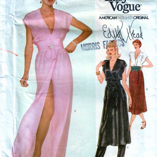 1970s Vogue 2040 UNCUT Vintage Sewing Pattern Designer Edith Head Misses Evening Dress, Tunic, Pants, Midriff Belt Size 8 Bust 31-1/2