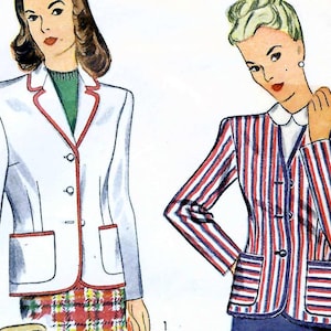 Puede incluir: Una ilustración de moda vintage que muestra dos blazers. El blazer de la izquierda es blanco con ribetes rojos, tres botones y dos bolsillos. El blazer de la derecha presenta un patrón de rayas verticales rojas, blancas y azules con cuello blanco.