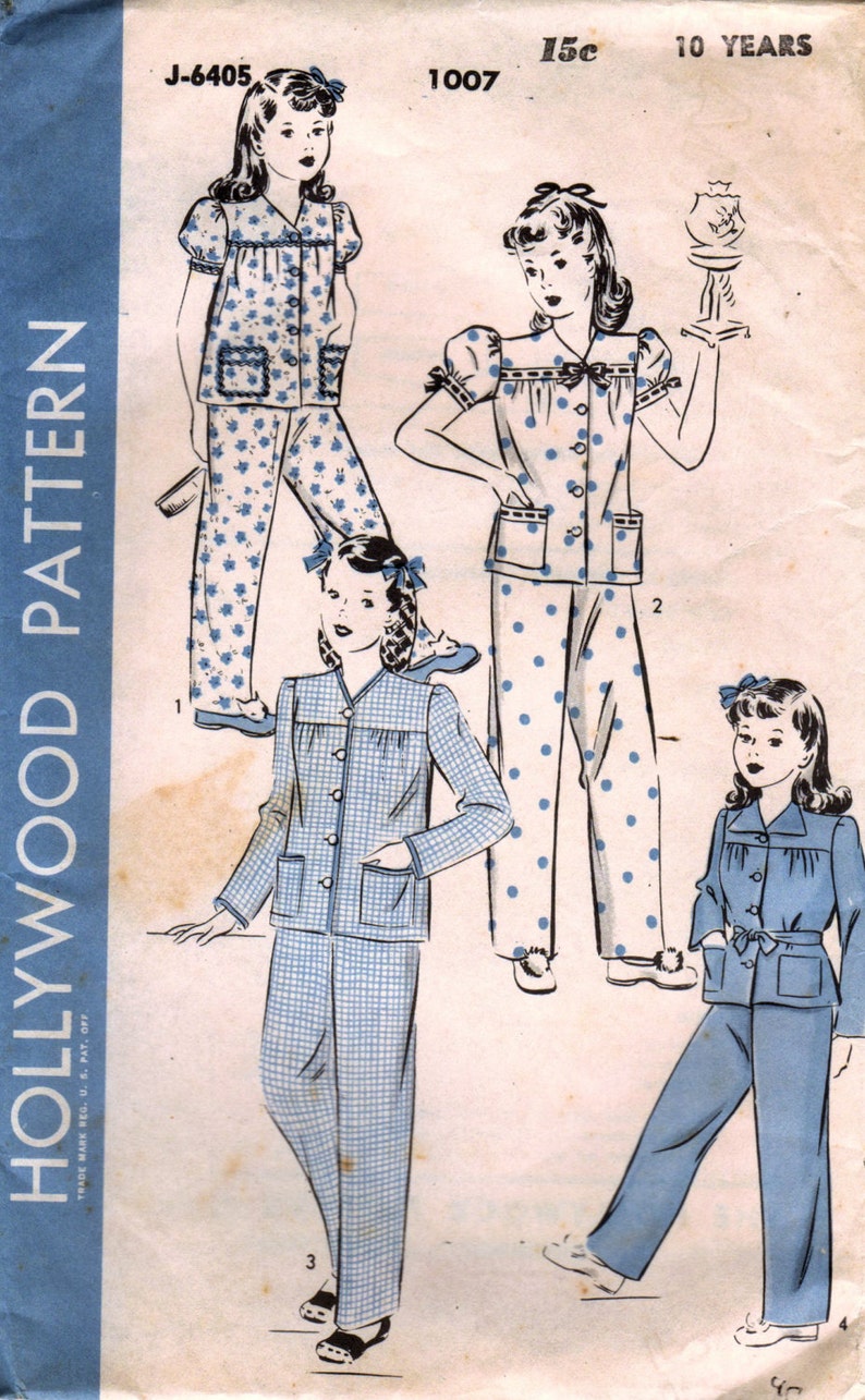 1940s Hollywood 1007 Vintage Sewing Pattern Girl's Pajamas, Sleepwear, Sleep Pants, Sleep Shirt Size 10 image 1