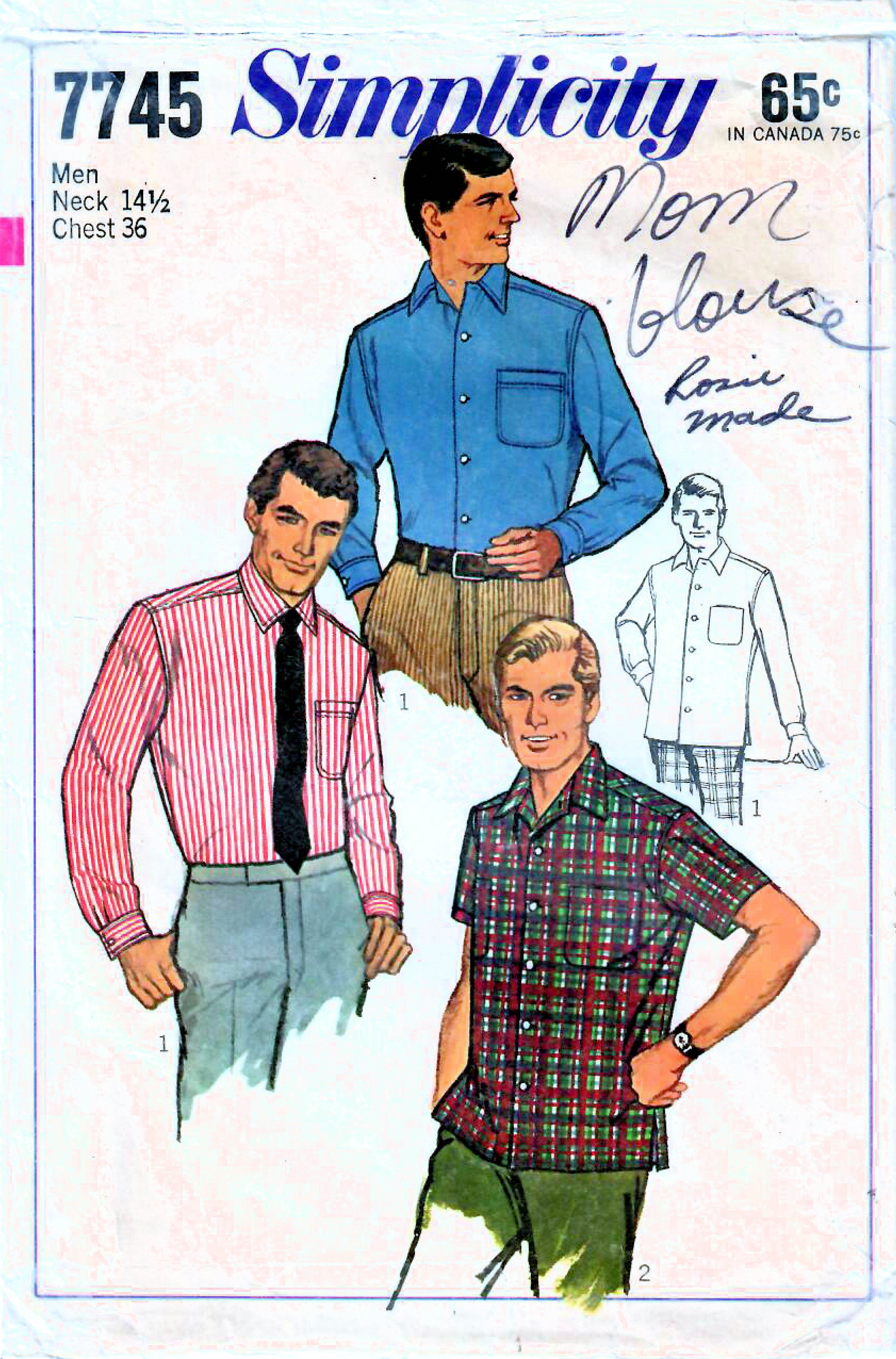 1960s Simplicity 7745 Vintage Sewing Pattern Men Dress Shirt