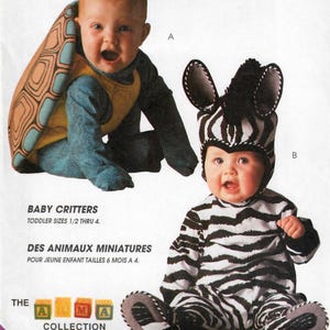 May include: Two baby costumes are shown. One is a turtle costume with a yellow shell and blue arms and legs. The other is a zebra costume with a black and white striped pattern. The text "BABY CRITTERS" and "THE AMA COLLECTION" are also visible.