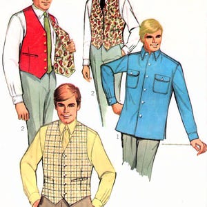 1960s Simplicity 7973 Vintage Sewing Pattern Men Dress Shirt, Casual Shirt, Reversible Fitted Vest Size 38, Size 40, Size 42
