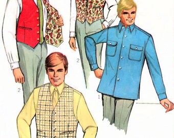 1960s Simplicity 7973 Vintage Sewing Pattern Men Dress Shirt, Casual Shirt, Reversible Fitted Vest Size 38, Size 40, Size 42