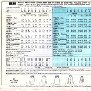 May include: Sewing pattern for skirts, culottes, and a tote bag. The pattern includes instructions for making a variety of styles, including skirts with a back yoke, front zipper, and patch pockets, as well as culottes with a belt carrier. The tote bag has straps and patch pockets. The pattern is for sizes 8-16 for misses and 7/8-11/12 for young juniors/teens.