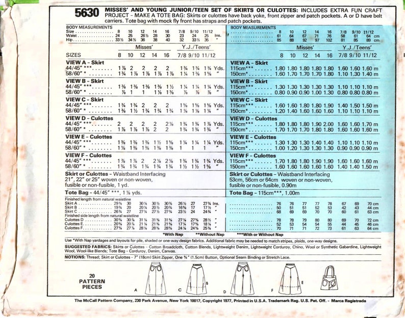 May include: Sewing pattern for skirts, culottes, and a tote bag. The pattern includes instructions for making a variety of styles, including skirts with a back yoke, front zipper, and patch pockets, as well as culottes with a belt carrier. The tote bag has straps and patch pockets. The pattern is for sizes 8-16 for misses and 7/8-11/12 for young juniors/teens.