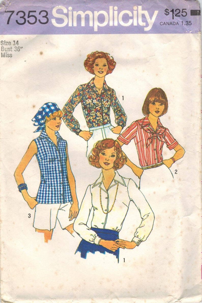 1970s Simplicity 7353 Vintage Sewing Pattern Misses Blouse and Scarf Size 14 Bust 36 image 2