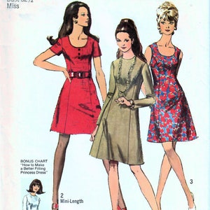 1970er Jahre SIMPLECITY 8884 Vintage Schnittmuster Misses Bonus Basic Kleid, Prinzessinnenkleid Größe 10 Büste 32-1/2, Größe 14 Büste 36, Größe 18 Büste 40