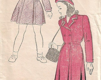 1940s New York 1901 Vintage Sewing Pattern Girls Double Breasted Coat, Princess Coat Size 6