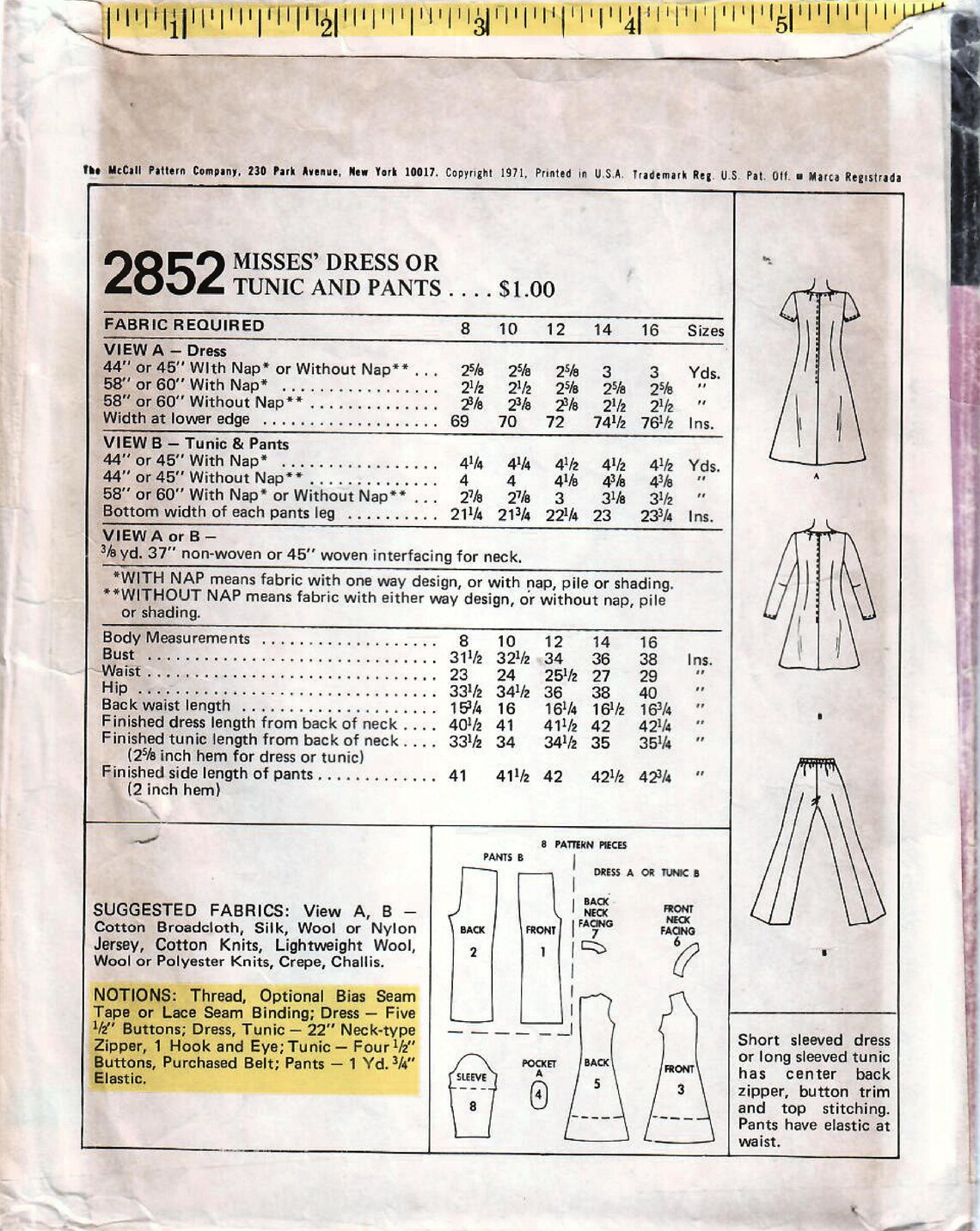 1970s Mccall's 2852 Vintage Sewing Pattern Misses Flared Dress, Tunic ...