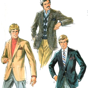 May include: Illustration of three blazers. One is tan with a red turtleneck, another is a dark green blazer with a striped tie, and the third is a tweed blazer with a blue and white argyle sweater.