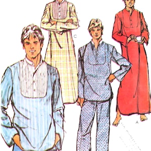 May include: Illustration of four different sleepwear designs. One is a light blue shirt with a white and blue striped bib. Another is a long, yellow plaid robe. A third is a blue patterned pajama set. The last is a long red robe.