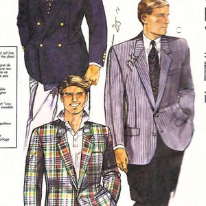 May include: A sewing pattern illustration featuring three blazer styles: a double-breasted navy blue blazer with gold buttons, a grey pinstriped blazer, and a multi-colored plaid blazer, each paired with a collared shirt and a necktie.