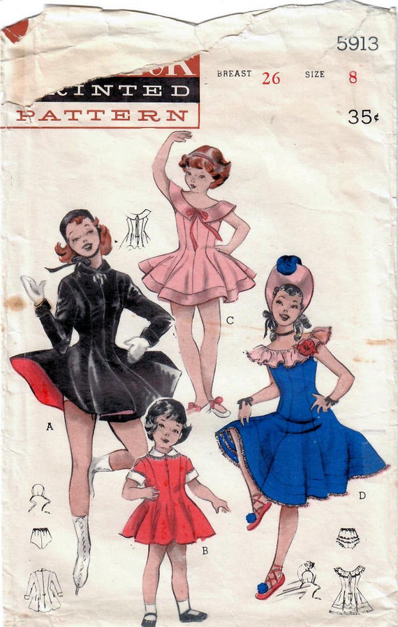 1950s Butterick 5913 Vintage Sewing Pattern Girls Dance Costume Skating Dress Princess Dress Size 2 Size 6 Size 8 Etsy