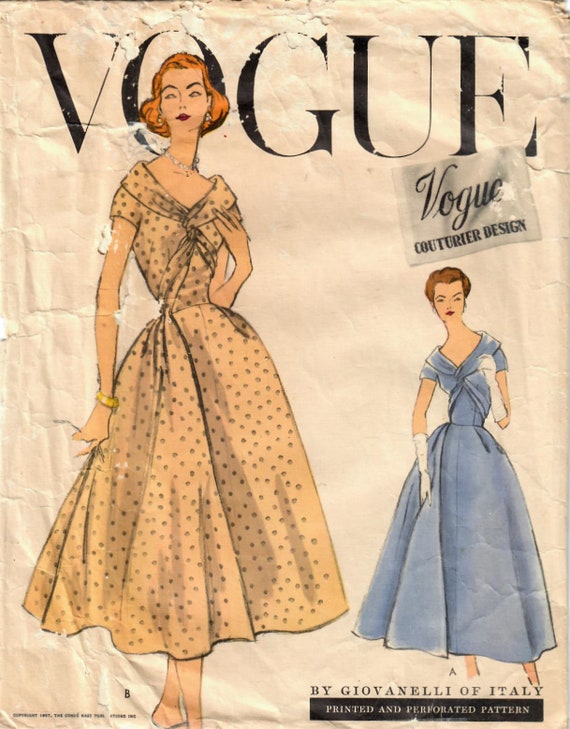 1950s Vogue 966 Vintage Sewing Pattern Couturier Design Giovanelli of Italy  Misses Formal Full Skirt Dress, One Piece Dress Size 14 Bust 34