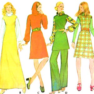 Può includere: Illustrazione di quattro modelli di moda femminile degli anni '70. I modelli includono un abito lungo giallo, un abito con cappuccio arancione, un completo tunica e pantaloni verde e un abito a quadri verde. Ogni outfit è accessoriato con una cintura e scarpe.