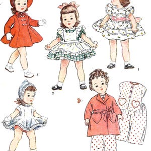 May include: Illustration of five vintage dolls in various outfits. One doll wears a red coat and hat, another a green and white dress, and a third doll is in a white dress and ice skates. The other two dolls are in a floral dress and a red coat with heart pockets.