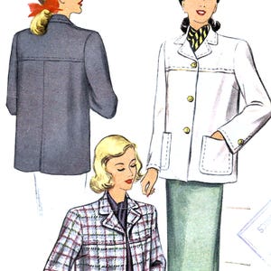 May include: Illustration of three vintage women's jackets. One is a solid gray, another is white with gold buttons, and the third is a plaid pattern. The jackets have a classic, tailored design, with lapels and pockets. The image is a fashion illustration.