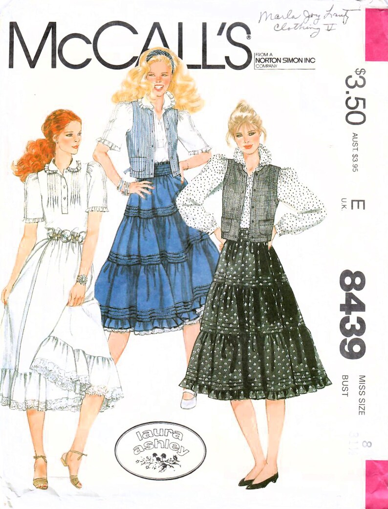 Pattern 8439 1980s Laura Ashley Ruffled Skirt, Blouse, Vest Sewing Pattern: Mccall's ...