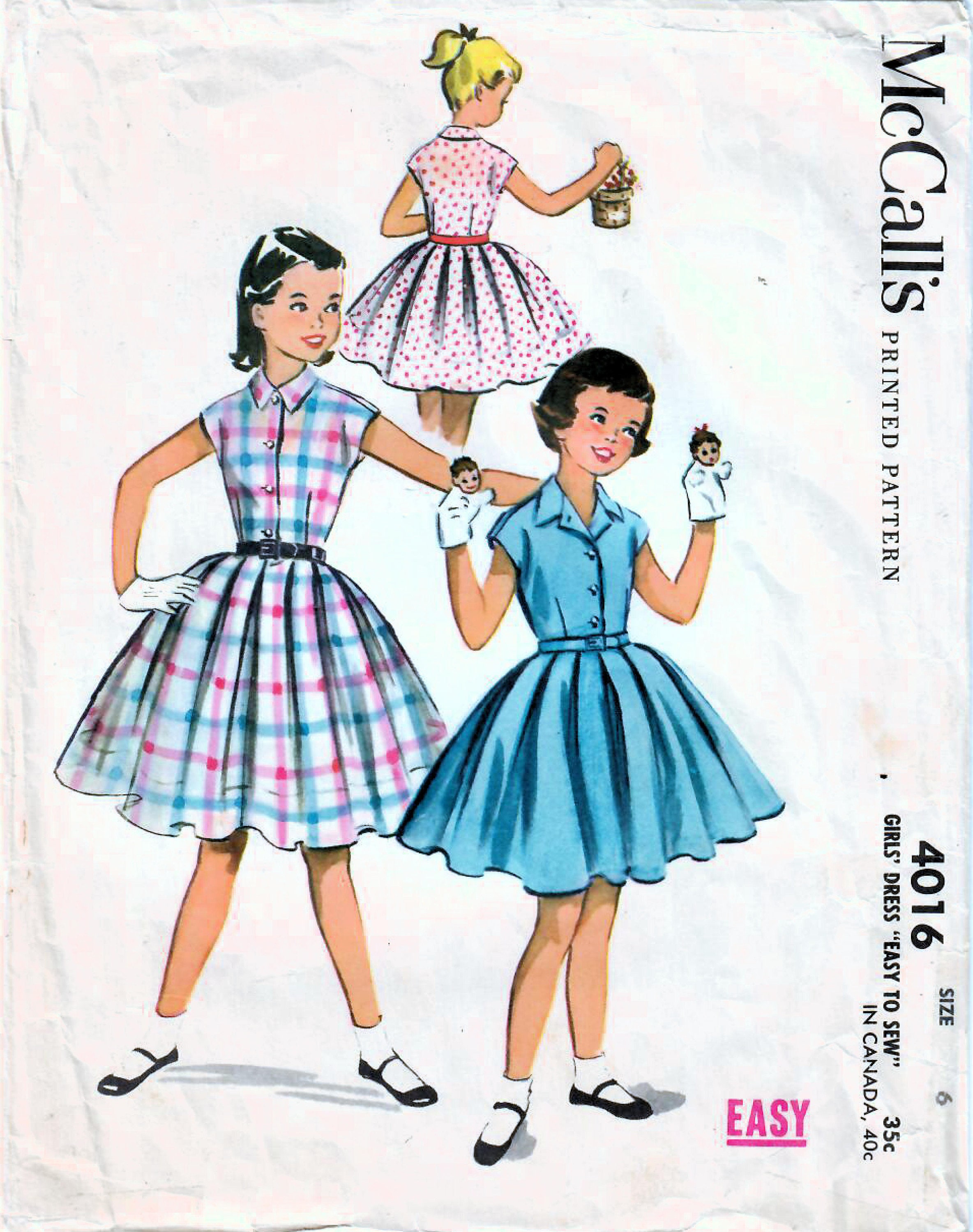1950s Mccall's 4016 UNCUT Vintage Sewing Pattern Girl's Shirtwaist Dress,  Full Skirt Dress Size 4, Size 6 