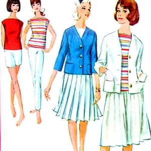 1960s Simplicity 5838 Vintage Sewing Pattern Misses Sleeveless Top, Shorts, Slim Fitted Pants, Box Jacket, Pleated Skirt Size 14 Bust 34