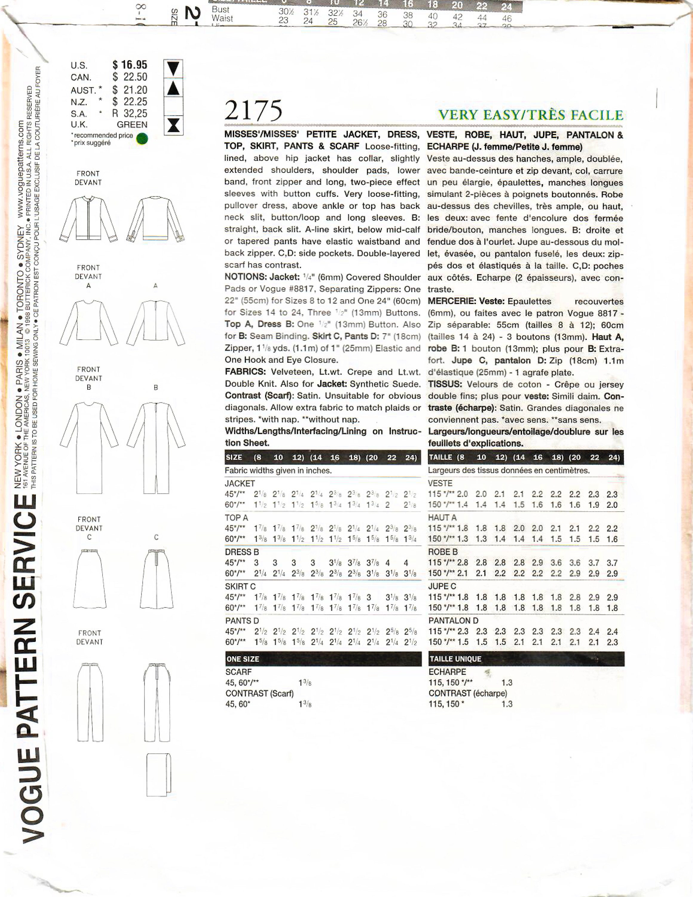 1990s Vogue 2175 Vintage Sewing Pattern Misses Jacket, Maxi Dress, Midi ...