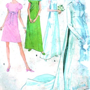 Pode incluir: Ilustração de moda vintage com quatro modelos de vestidos em rosa, verde e azul claro. A imagem é de um padrão de costura vintage, mostrando estilos clássicos de vestidos.