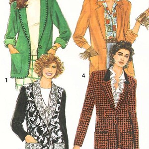May include: A sewing pattern illustration featuring four distinct blazer designs: a green jacket with blanket stitching, a tan blazer, a black jacket with a white floral front panel, and a brown and black houndstooth blazer with a dark collar.