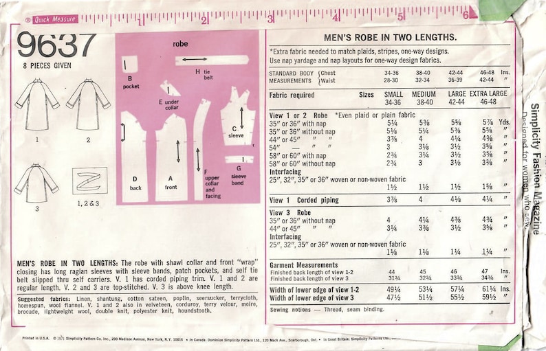 1970s Simplicity 9637 Vintage Sewing Pattern Men's Robe, Short Robe, Beach Coverup Size Medium, Size Large image 2