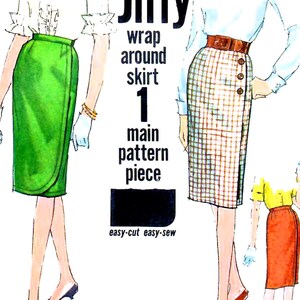 Puede incluir: Ilustración de un patrón de falda cruzada. La imagen muestra tres diseños de faldas: una falda cruzada verde, una falda a cuadros con botones y una falda naranja. El texto dice "wrap around skirt 1 main pattern piece easy-cut easy-sew."