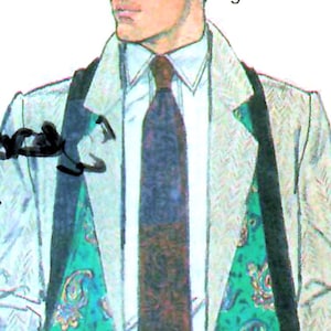 May include: Illustration of a person wearing a white blazer over a white shirt and a patterned tie. A green paisley scarf with black fringe is draped over the shoulders. The person is wearing gray pants and a belt.