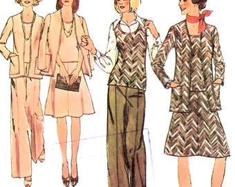 1970s Simplicity 6609 Vintage Sewing Pattern Misses Cardigan Jacket, Sleeveless Top, Vest, Skirt, Wide Leg Pants Size 12 Bust 34