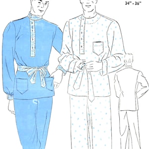 May include: Illustration of two pajama sets. One set is light blue with a decorative trim and a matching belt. The other set is white with blue polka dots and a pocket. The chest size is 34"-36".