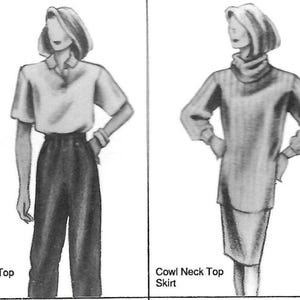 May include: Line drawing of four outfits. The first is a crew neck top and pants. The second is a rugby top and pants. The third is a cowl neck top and skirt. The fourth is a cardigan, crew neck top, and skirt.