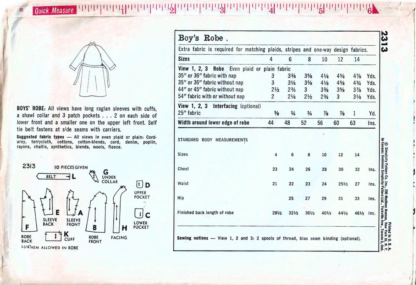 1950s Simplicity 2313 Vintage Sewing Pattern Boys Wrap Robe Size 10 ...