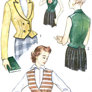 Puede incluir: Una ilustración de moda que muestra cuatro prendas: una chaqueta amarilla de doble botonadura con ribete negro, un chaleco verde sin mangas con detalle floral, un chaleco verde sin mangas visto de espaldas y un chaleco de rayas marrones y blancas.