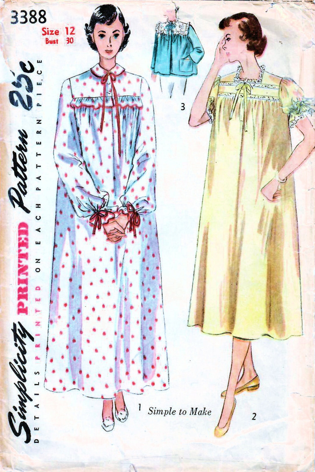 1950s Simplicity 3388 Vintage Sewing Pattern Misses Bed Jacket, Short &  Long Nightgown Size Bust 30, Bust 34, Bust 36, Bust 38 - Etsy