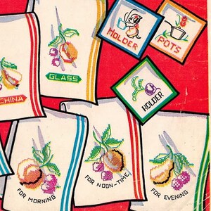May include: Set of six embroidered tea towels with colourful stripes and fruit designs. The towels are labelled "For Morning", "For Noon-Time", "For Evening", "China", "Glass", and "Holder".