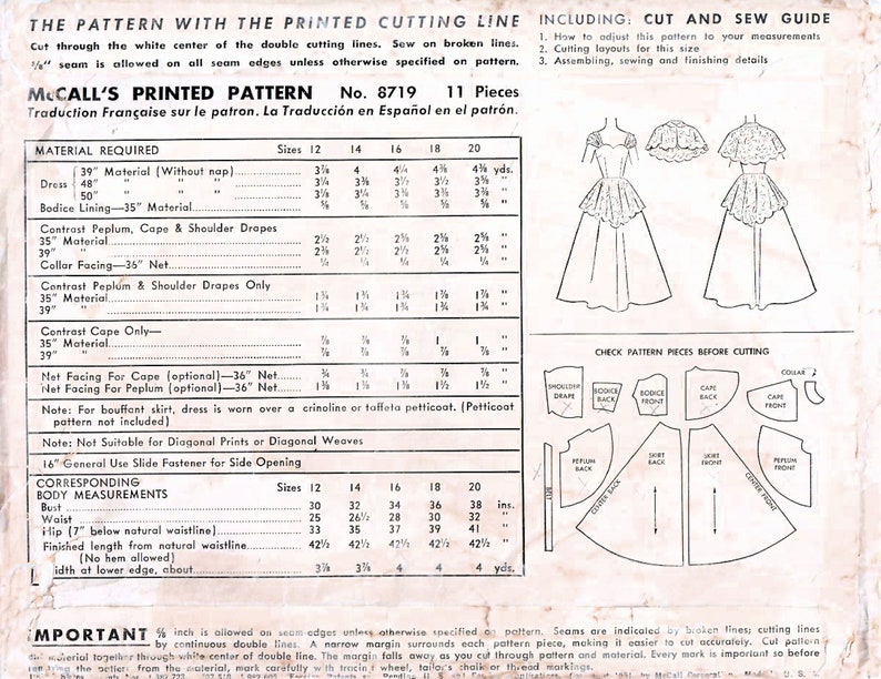 1950s McCall/'s 8719 Vintage Sewing Pattern Misses Evening Dress Formal Gown Size 14 Bust 32