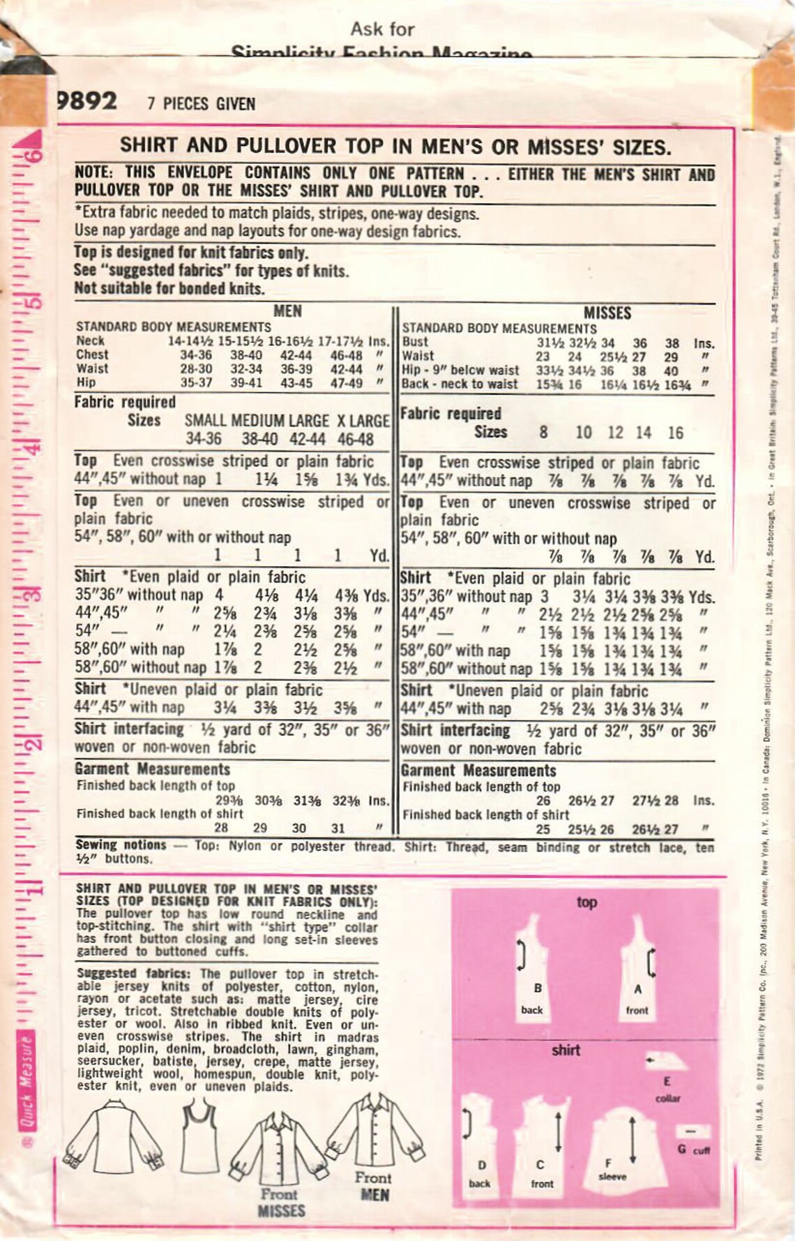 1970s Simplicity 9892 UNCUT Vintage Sewing Pattern Misses Pullover Top ...