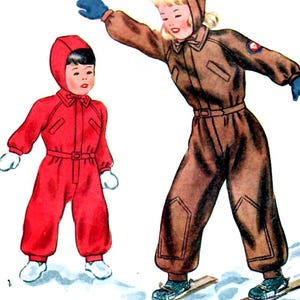 May include: Illustration of two children in vintage winter ski suits. One child is wearing a red snowsuit, and the other is wearing a brown snowsuit and skis. Both suits have hoods, belts, and white gloves. The background shows snow.