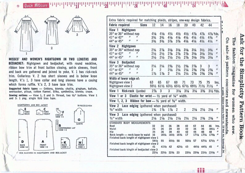 May include: Vintage sewing pattern for a nightgown and bedjacket. The pattern includes diagrams and measurements for various sizes. The image shows illustrations of the garments and fabric requirements.