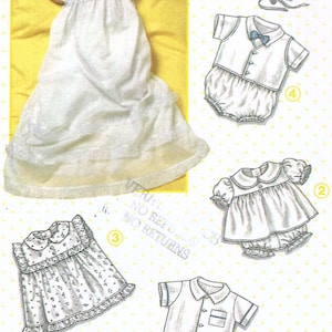 May include: A sewing pattern sheet featuring five infant clothing designs: a long white christening gown with a bonnet, a short-sleeved dress with bloomers, a floral print dress, a shirt with a bow tie and bloomers, and a collared shirt with shorts.