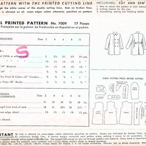 Puede incluir: Un patr&oacute;n de costura vintage de McCall's para un abrigo, con una ilustraci&oacute;n en blanco y negro de la prenda. El patr&oacute;n es para las tallas 2-10 e incluye 17 piezas. El patr&oacute;n se titula "McCall Printed Pattern No. 7009".