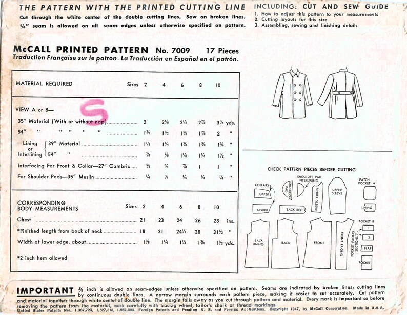 Puede incluir: Un patr&oacute;n de costura vintage de McCall's para un abrigo, con una ilustraci&oacute;n en blanco y negro de la prenda. El patr&oacute;n es para las tallas 2-10 e incluye 17 piezas. El patr&oacute;n se titula "McCall Printed Pattern No. 7009".